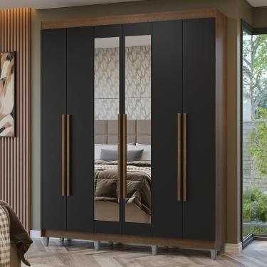 Imagem de Guarda-roupa Casal Com Pés 6 Portas Batentes Com Espelho Rustic-preto-rustic Netuno Madesa