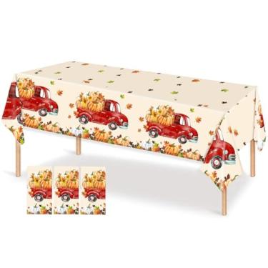 Imagem de T-Mogur 3 Packs Fall Pumpkin Plastic Tablecloths 108"x54" Thanksgiving Harvest Truck Table Cloths - Disposable Rectangle Maple Leaf Table Covers for Autumn Holiday Kitchen Dining Party Decorations