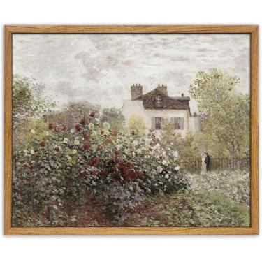 Imagem de UPWOIGH Arte de parede emoldurada grande de 41 x 61 cm, tela de pintura a óleo de jardim do artista Claude Monet, paisagem de jardim de rosas impressionista vintage, decoração rústica de casa de campo