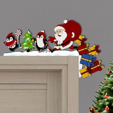 Imagem de 2025 Novo enfeite de porta de Natal decoração de madeira Papai Noel e pinguins placa de canto, porta da frente de férias, janela, manto, decoração de moldura de computador de TV (#G)