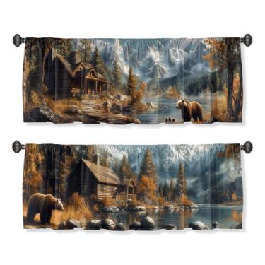 Imagem de Cortina de urso para janelas, pacote com 2, cabana rústica, casa de fazenda, animal selvagem, bolso para varão, estampado, cortinas de camada curta para cozinha, sala de estar, banheiro, quarto, 137 x