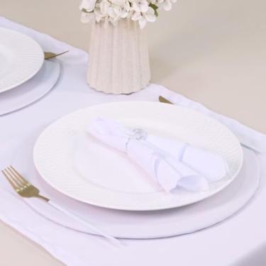 Imagem de Kit Mesa Posta Completo, 7 Peças para 2 Lugares, Basic Cristalino (Caminho de Mesa, Sousplat, Guardanapo, Anel, Capa e Base) (Branco e Prata)