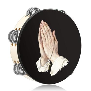 Imagem de Fiada Pandeiros de mãos em oração para adultos, igreja, dança cristã, pandeiro, cruz, fileira dupla, bíblia, sino de mão, tambor para igreja, festa de oração, percussão, instrumento musical (20 cm)