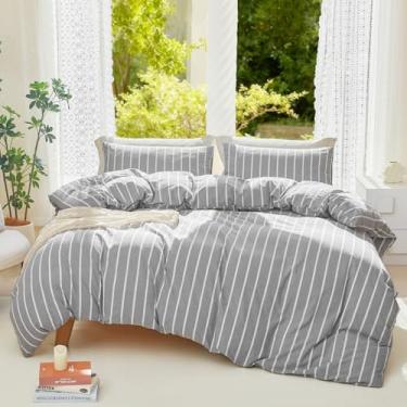 Imagem de DONEUS Conjunto de capa de edredom listrado king size 100% algodão lavado, 3 peças, super macio, respirável, confortável, natural, linho, texturizado, com fecho de zíper (listras largas cinza claro e