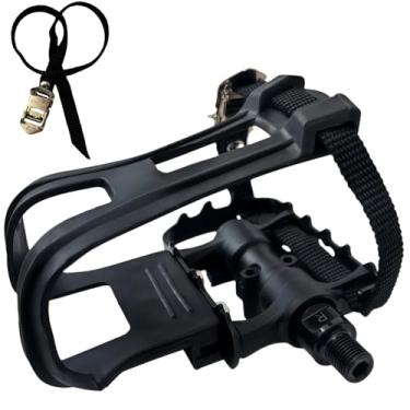 Imagem de YBEKI Pedais de bicicleta com clipe de dedo do pé e correias, para bicicleta ergométrica, bicicleta giratória e bicicletas ao ar livre, com 2 rolamentos selados 9/40.6 cm resina/pedais de bicicleta de