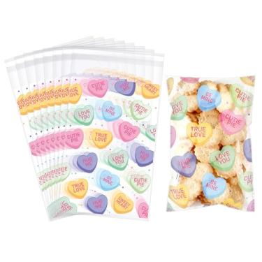 Imagem de Yexiya 200 unidades de sacos de biscoitos de doces autoadesivos transparentes de celofane sacos de guloseimas resseláveis 10 x 15 centímetros impressão de coração selável para embalagem de biscoitos