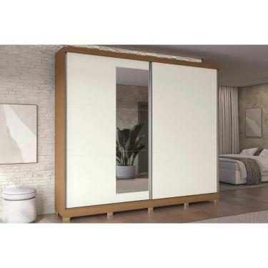 Imagem de Guarda Roupa Casal 2 Portas De Correr (1 C- Espelho) E 4 Gavetas C- Pés Cb01t583 Canela-off White - Kappesberg