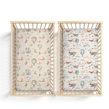 Imagem de Pacote com 2 lençóis de bebê unissex com estampa de estrelas de avião de ar quente, nuvens, para berçário, berço padrão e colchão de crianças, 71 x 132 cm