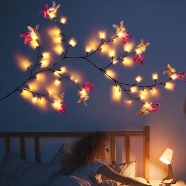 Imagem de Glooglitter 2 conjuntos de luzes LED de borboleta para ramo de árvore para parede 10 m 48 LED borboleta salgueiro videira galho flor cordão de luzes decoração de Natal interior para parede quarto casa