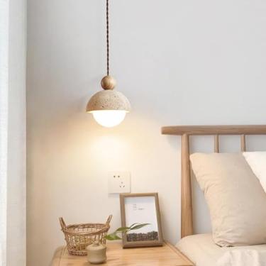 Imagem de Luminária pendente clássica de cabeceira com cúpula esférica em pedra natural, modelo G9 retrô em travertino amarelo, mini lustre de madeira maciça em estilo nórdico, ideal para ilha de cozi