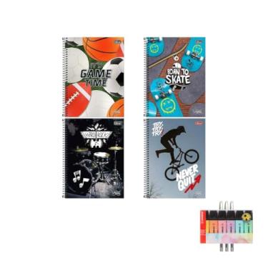 Imagem de Kit Caderno Universitário Vibe Masc 10M 160F Tilibra Caneta Trigel Branca 0.8mm Marca Texto Boss 6 Cores