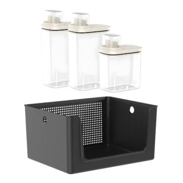 Imagem de Kit Lavanderia Cesto Organizador Multiuso E Dispenser Porta Sabão Em Pó E Líquido Amaciante C/Copo