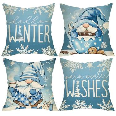Imagem de Fjfz Capas de almofada decorativas Hello Winter Blue Gnomo 46 x 45 conjunto de 4, desejos quentes de inverno floco de neve café varanda decoração de casa ao ar livre, capa de almofada de sofá sazonal