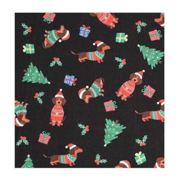Imagem de 1unid Tecido Estampa Cão Cartoon de Natal - Tecido Poliéster Tejido (50/100/200x150cm) - Rosa/Vermelho/Alperce/Negro para DIY Decoração de Festa/Saia de Árvore/Sacos de Presente(Black,100X150cm)