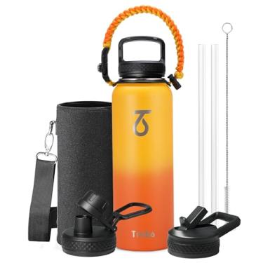 Imagem de Garrafa térmica de água Trebo, 3 tampas e alça, aço inoxidável isolado a vácuo, antivazamento, sem BPA, mantém frio 48 h, melhor presente unissex, para férias, uso ao ar livre, 1,2 L, laranja