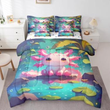 Imagem de Conjunto de edredom solteiro com estampa de animais selvagens fofos, estampa de tritão, 7 peças, folhas de plantas verdes, cama em uma bolsa, réptil, peixe andando, anfíbio, decoração de quarto kawaii