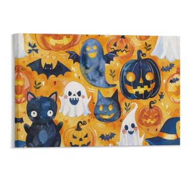 Imagem de HouLaiZhe Pôster de Halloween fofo gato preto fantasma impressões de arte de parede decorações de Halloween decoração de parede estética gótica para sala de estar quarto 11 x 17 polegadas (28 x 43 cm)