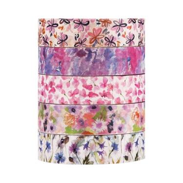 Imagem de Conjunto de 5 rolos de adesivos Washi de 2 m, adesivos com estampa de flores decorativos para artes faça-você-mesmo artesanato suprimentos de diário scrapbook cartão embrulho
