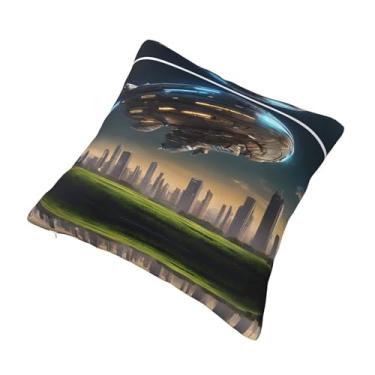 Imagem de Almofada quadrada decorativa com estampa UFO at Night - Design reversível, zíper oculto, poliéster macio para sofá, cama e carro - Hipoalergênico 30,5 x 30,5 cm
