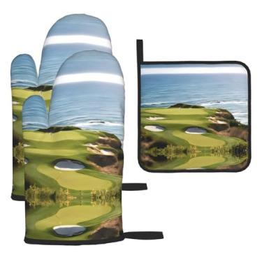 Imagem de Campo de golfe de praia – Conjunto de cozinha essencial de 3 peças, luvas seguras para calor e aderência de tampa, proteção para churrasco no forno, design de armazenamento suspenso.