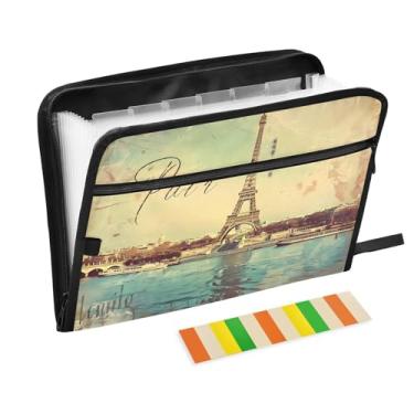 Imagem de CEBUGI Pasta expansível de 13 bolsos, impermeável, sanfonada, organizador de arquivos com etiquetas tamanho A4, organizador de documentos de papel para escola, material de escritório, Torre Eiffel