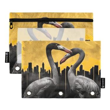 Imagem de Wassud Bolsa de lápis para fichário de 3 anéis, bolsa transparente com zíper liso, fichário preto flamingo, estojo para fichário, pacote com 2