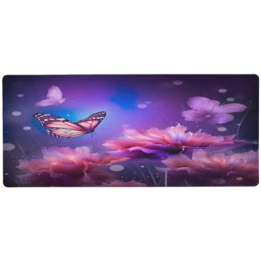 Imagem de Wassud Mouse pad roxo borboleta para jogos com base de borracha antiderrapante, mouse pad longo para teclado de computador com borda costurada, almofada grande à prova d'água para escritório, casa