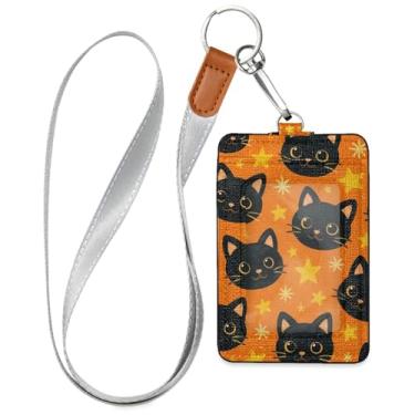 Imagem de Wassud Porta-crachá de gato fofo com estrela de couro PU com cordão, porta-cartão de identificação para trabalho, cordão de pescoço com compartimentos para cartões de crédito, funcionários, estudantes