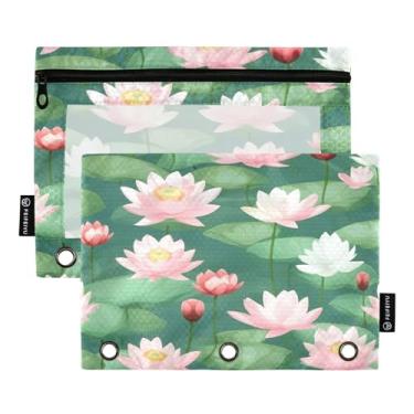 Imagem de Wassud Bolsa de lápis para fichário de 3 anéis, bolsa de lápis transparente com zíper suave, pasta de lótus de verão para fichário, pacote com 2
