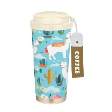 Imagem de YETTASBIN Llama Caneca de café de viagem com isolamento térmico de 482 g com tampa canudo, copo à prova de derramamento e vazamento com alça para bebida quente e fria, garrafa de água de aço