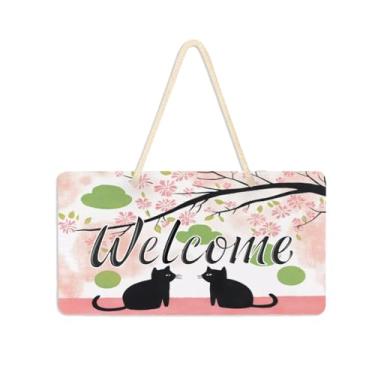 Imagem de Burbuja Placa de boas-vindas de gatos pretos sob a árvore para porta da frente, placa de boas-vindas de PVC para decoração de férias, 15 x 28 cm