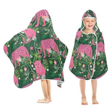 Imagem de Burbuja Toalha de banho com capuz leopardo rosa para crianças, toalha de praia de pelúcia macia absorvente para chá de meninas e meninos 3-10 anos, 61 x 127 cm