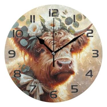 Imagem de Burbuja Relógio de parede com coroa de flores brancas de vacas, silencioso, sem tique-taque, relógio de parede redondo de 25 cm, operado por bateria, para casa, sala de estar, fazenda, escritório