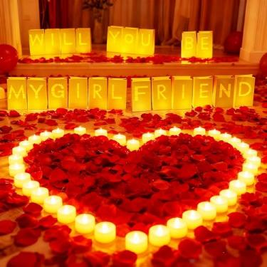 Imagem de Tallsocne Conjunto de decorações Will You Be My Girlfriend com letras luminosas, 6000 pétalas de rosa vermelha e 72 luminárias redondas para confissão romântica, dia dos namorados, aniversário