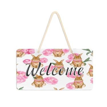 Imagem de Burbuja Placa de boas-vindas de flor de coelho para porta da frente, placa de boas-vindas de PVC para decoração de férias, 15 x 28 cm