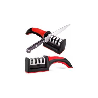 Imagem de Afiador de Facas Profissional 4 em 1, Aço Inoxidável e Cerâmica, com Cabo Antiaderente, 10x12x6cm, 165g