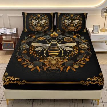 Imagem de AILONEN Jogo de lençol casal, boêmio, abelha, preto e dourado, luxuoso para crianças, adolescentes, 3 peças, lençol com elástico floral e girassol boho com 2 fronhas