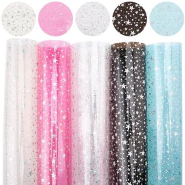Imagem de CRASPIRE Folhas de tecido de vinil PVC brilhante 5 cores 19,78 cm x 33,4 cm transparente a laser com estrela impressa a laser transparente para arcos de cabelo, brincos, artesanato, faça você mesmo