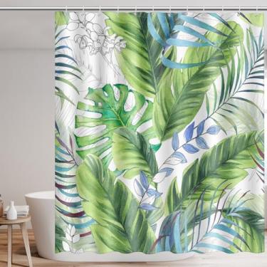 Imagem de Tecido de poliéster impermeável com design colorido de planta tropical, cortina de chuveiro de folha de palmeira para chuveiros, conjunto de cortinas de banheiro para decoração de casa com 12 ganchos