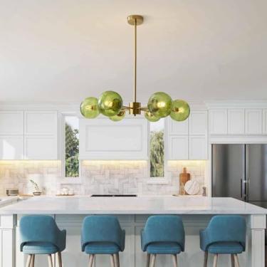 Imagem de Luminária pendente estilo moderno de meados do século XX, lustre de 6 luzes dourado estilo Sputnik, luminária de teto vintage verde, lustre de latão escovado, lustres com globos de vidro par