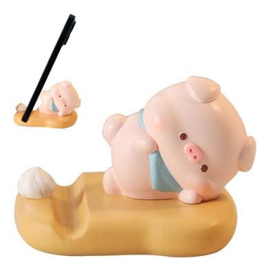 Imagem de Meroqeel Suporte de celular com desenho animado de porco para mesa, estátua de porco fofo deitado para mulheres e meninas, suporte de estatueta de animal de mesa para iPhone, iPad, escritório, tablet
