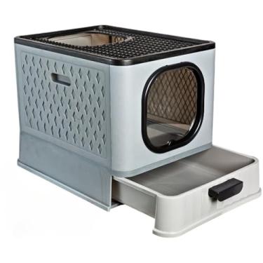 Imagem de Caixa de Areia Fechada para Gatos Luxo com Porta Transparente, Gaveta Removível, Pá e 2 Comedouros – Banheiro Higiênico Anti-Sujeira(SB LUXO - CINZA)