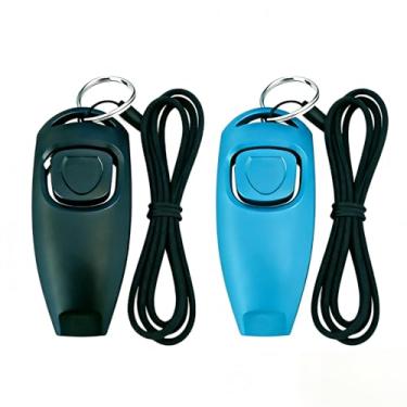 Imagem de Apito Clicker 2 em 1 para treinamento de cães (azul + preto) - pacote com 2 com cordão preto, universal para filhotes, gatos, cavalos e pequenos animais, ferramenta de treinamento eficaz de obediência