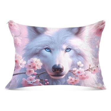 Imagem de Capas de travesseiro de flanela rosa com flores de cerejeira lobo decorativas padrão queen king travesseiro bonito macio grande capa de travesseiro tamanho Queen, 50,8 cm x 76,2 cm