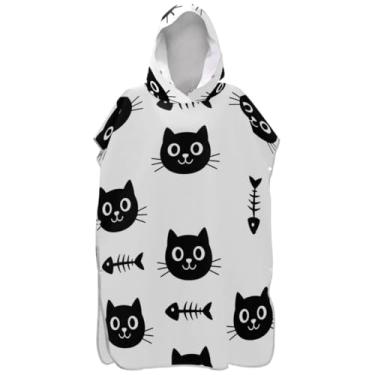 Imagem de Joisal Roupão preto com estampa de gato de desenho animado branco para adultos plus size ponchos de praia para homens toalhas de banho com capuz