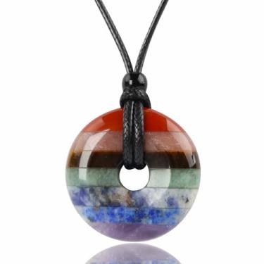 Imagem de FANASY Colar com pingente de pedra preciosa natural moeda da sorte colar de cristal proteção donut pendnat com corda ajustável para homens e mulheres, 12.99-26.77 inch, Pedra, Obsidiana preta