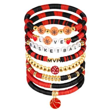 Imagem de AKAIXI Pulseiras elásticas para o dia do jogo de basquete, pulseira de contas de argila vermelha e preta, acessórios de joias esportivas empilháveis da amizade para amantes de basquete, jogadores