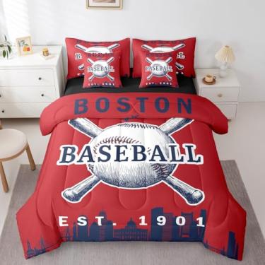 Imagem de Erosebridal Jogo de cama solteiro de beisebol, 7 peças, softball, para decoração de quarto de crianças, adolescentes e adultos, jogo de edredom com lençol de beisebol e cidade (Boston), vermelho, azul