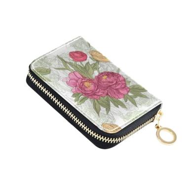 Imagem de Carteira feminina de couro com bloqueio de RFID para cartões de crédito pequena com zíper e porta-dinheiro floral peônia primavera rosa pastel