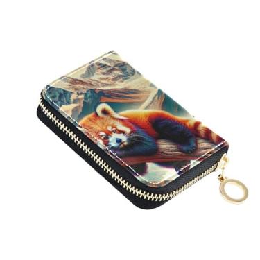 Imagem de Carteira feminina com protetor de cartão de crédito com bloqueio de RFID, carteira pequena com zíper e zíper panda vermelho escalando montanhas panorâmicas